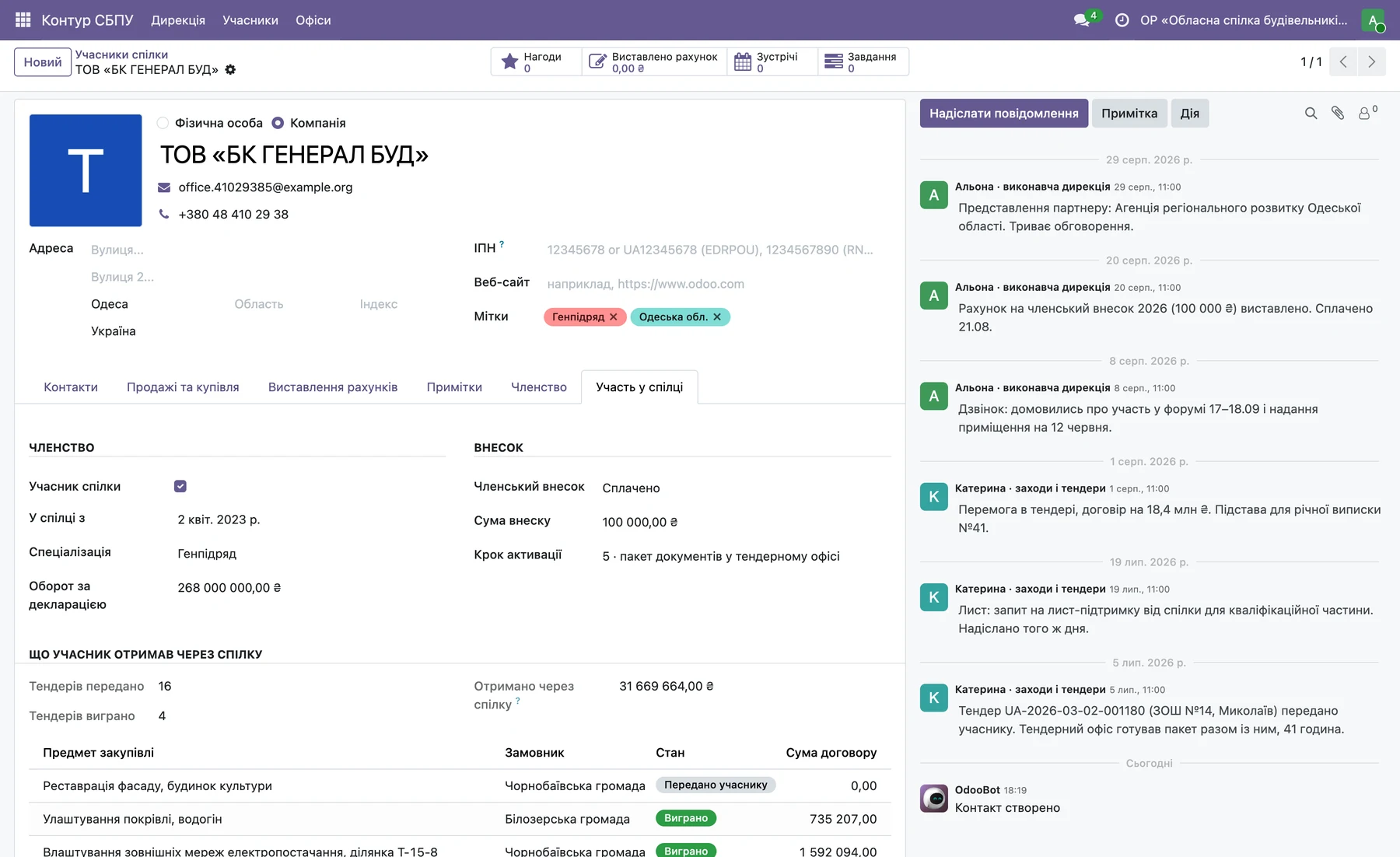 Картка учасника в Odoo: вкладка «Участь у спілці», отримана користь і таймлайн комунікацій